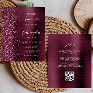 Budget Burgundy Glam QR Code Wedding Invitation