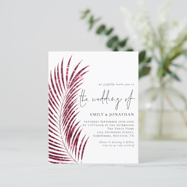 Budget Burgundy Glitter Leaf QR Wedding Invite (Standing Front)