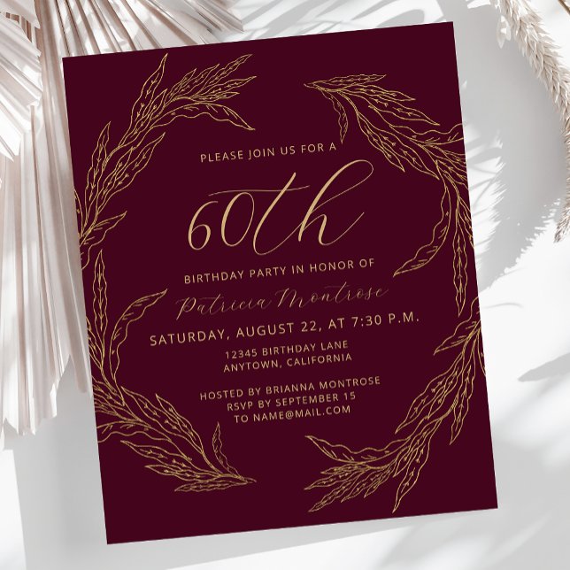 Budget Burgundy Gold 60th Birthday Invitation (Creator Uploaded)