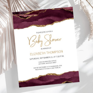 Budget Burgundy Gold Agate Baby Shower Invitation