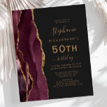 Budget Burgundy Gold Agate Dark 50th Birthday<br><div class="desc">The left-hand edge of this elegant modern 50th birthday party invitation features a burgundy watercolor agate border trimmed with gold faux glitter. The customisable text combines gold-coloured handwriting,  copperplate and italic fonts on a slate black background. The reverse side features a matching burgundy and gold agate design.</div>