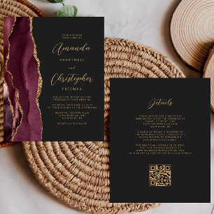 Budget Burgundy Gold Agate Dark QR Code Wedding