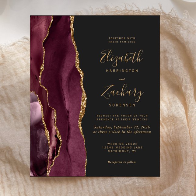 Budget Burgundy Gold Agate Dark Wedding Invitation (Creator Uploaded)