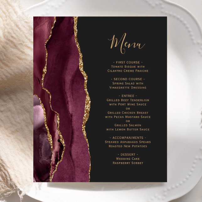 Budget Burgundy Gold Agate Dark Wedding Menu (Creator Uploaded)