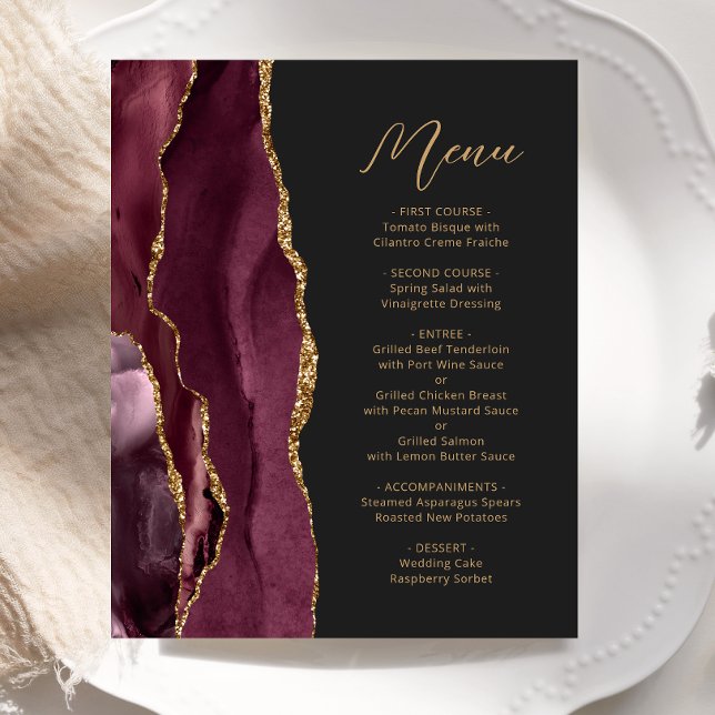 Budget Burgundy Gold Agate Dark Wedding Menu (Creator Uploaded)