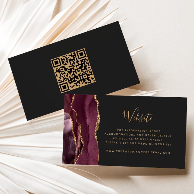 Budget Burgundy Gold Agate Dark Wedding QR Code Enclosure Card (Creator Uploaded)