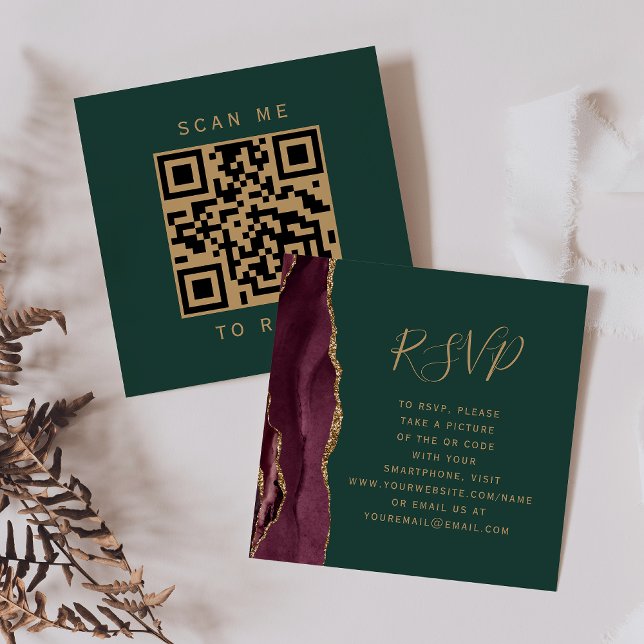 Budget Burgundy Gold Agate Green QR Code RSVP Enclosure Card (Creator Uploaded)