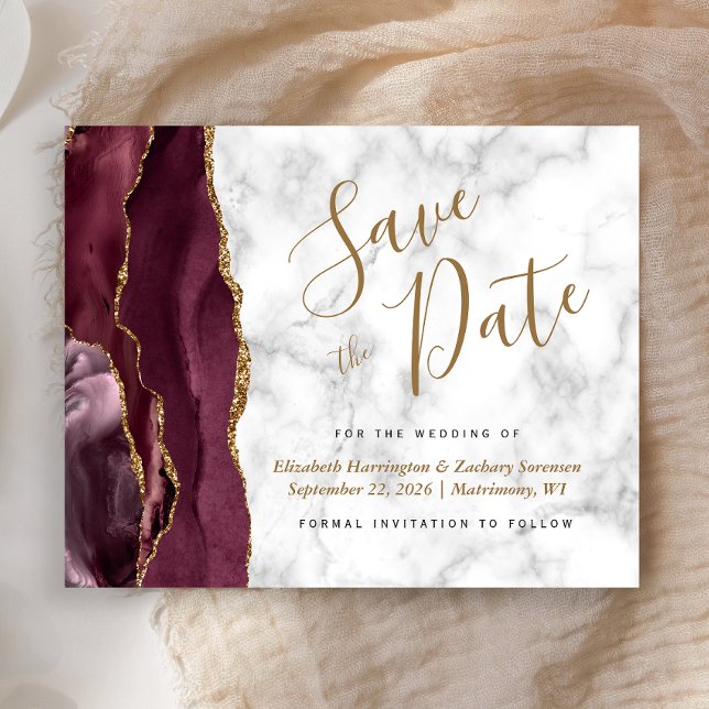 Budget Burgundy Gold Agate Marble Save the Date (Creator Uploaded)