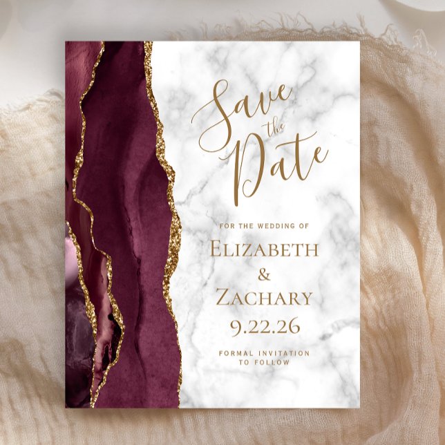 Budget Burgundy Gold Agate Marble Save the Date (Creator Uploaded)