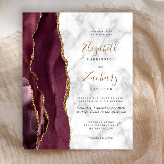 Budget Burgundy Gold Agate Marble Wedding Invite (Creator Uploaded)