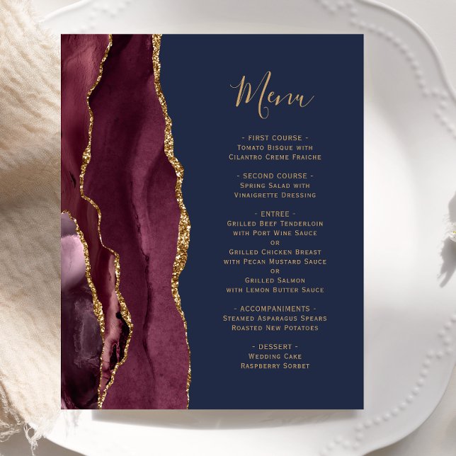 Budget Burgundy Gold Agate Navy Blue Wedding Menu (Creator Uploaded)