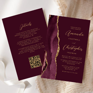 Budget Burgundy Gold Agate QR Code Wedding
