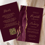 Budget Burgundy Gold Agate QR Code Wedding<br><div class="desc">The left-hand edge of this elegant modern wedding invitation features a burgundy red watercolor agate border trimmed with faux gold glitter. The customisable text combines charcoal grey handwriting, copperplate and italic fonts on a burgundy background. Add additional details on the back, along with a QR code to help your guests...</div>