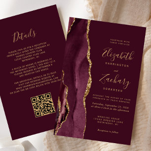 Budget Burgundy Gold Agate QR Code Wedding