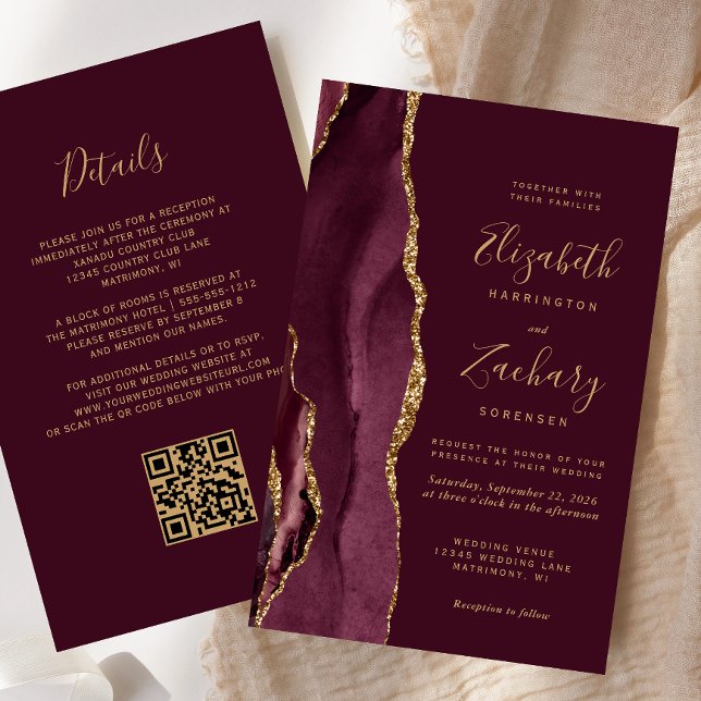 Budget Burgundy Gold Agate QR Code Wedding (Creator Uploaded)