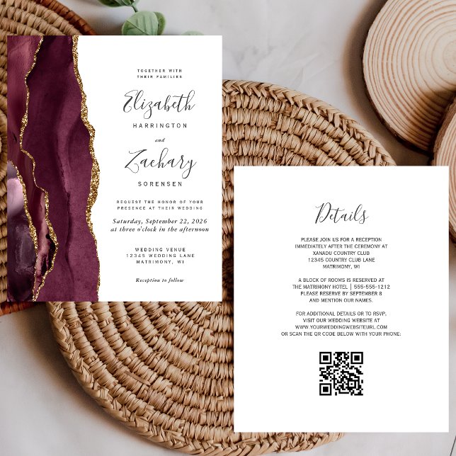 Budget Burgundy Gold Agate QR Code Wedding Invite (Creator Uploaded)