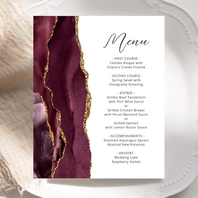 Budget Burgundy Gold Agate Script Wedding Menu (Creator Uploaded)