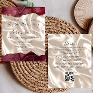 Budget Burgundy Gold Agate Silk QR Code Wedding