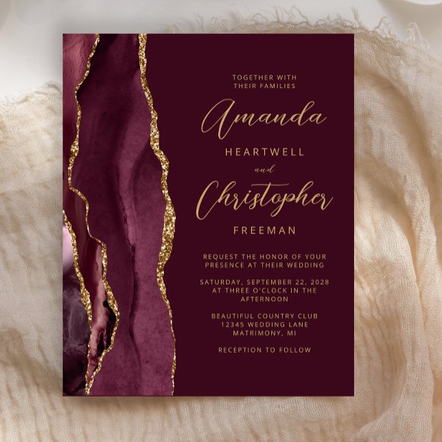 Budget Burgundy Gold Agate Wedding Invite (Creator Uploaded)