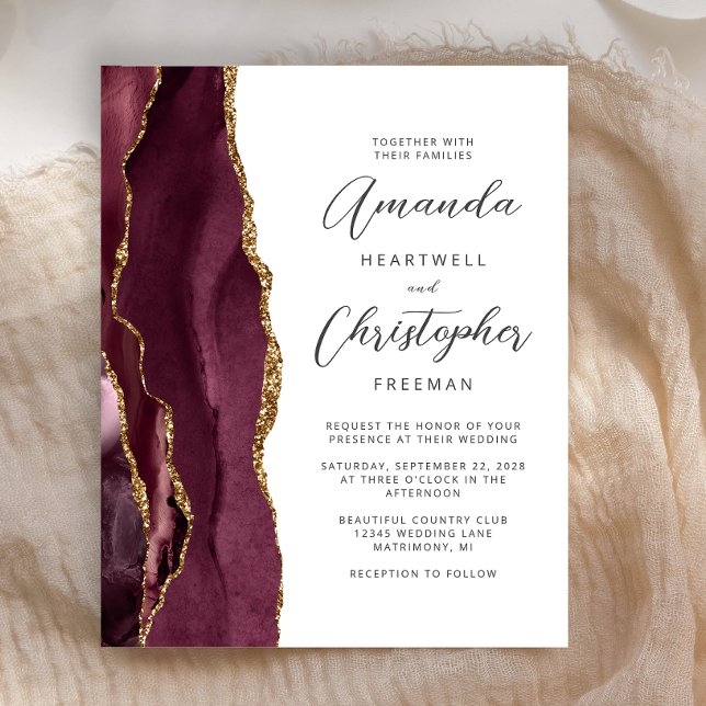 Budget Burgundy Gold Agate Wedding Invite (Creator Uploaded)
