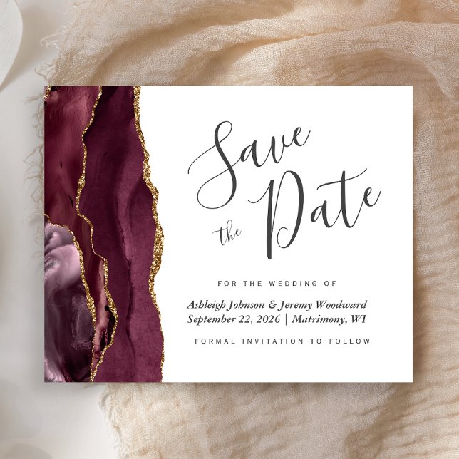 Budget Burgundy Gold Agate Wedding Save the Date (Creator Uploaded)