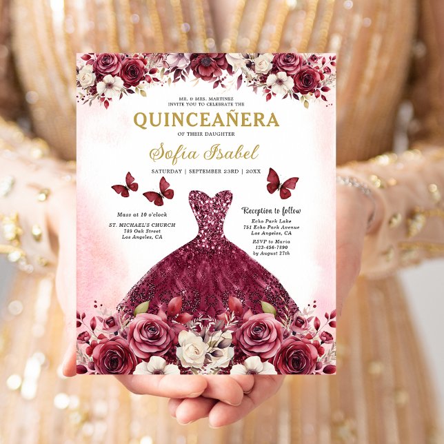 Budget Burgundy Gold Bilingual Spanish Quinceanera Flyer (Creator Uploaded)