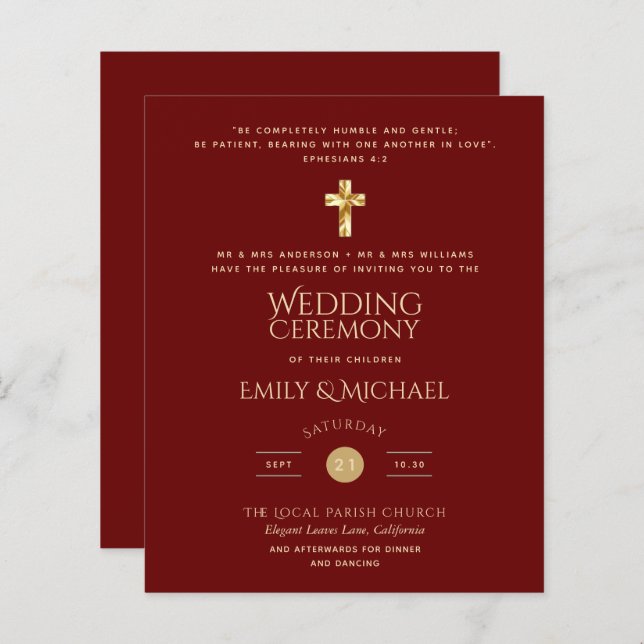 Budget Burgundy Gold Catholic Wedding Invite (Front/Back)