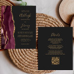 Budget Burgundy Gold Dark QR Code Wedding Invite<br><div class="desc">Save the cost of printing and mailing separate RSVP cards with this elegant modern all-in-one budget wedding invitation. The left-hand edge features a burgundy watercolor agate border trimmed with gold faux glitter. The customisable text combines gold-coloured handwriting, copperplate and italic fonts on a slate black background. The reverse side provides...</div>