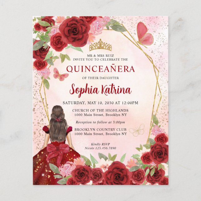 Budget Burgundy Gold Floral Princess Quinceañera (Front)