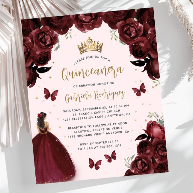 Budget Burgundy Gold Floral Princess Quinceañera (Creator Uploaded)