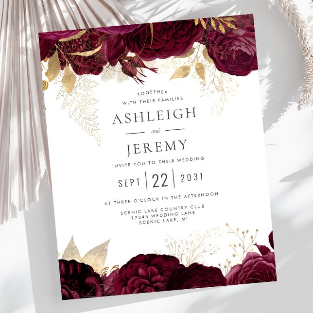 Budget Burgundy Gold Floral Wedding Invitation (Creator Uploaded)