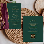 Budget Burgundy Gold Green QR Code Wedding Invite<br><div class="desc">Save the cost of printing and mailing separate RSVP cards with this elegant modern all-in-one budget wedding invitation. The left-hand edge features a burgundy watercolor agate border trimmed with gold faux glitter. The customisable text combines gold-coloured handwriting, copperplate and italic fonts on an emerald green background. The reverse side provides...</div>
