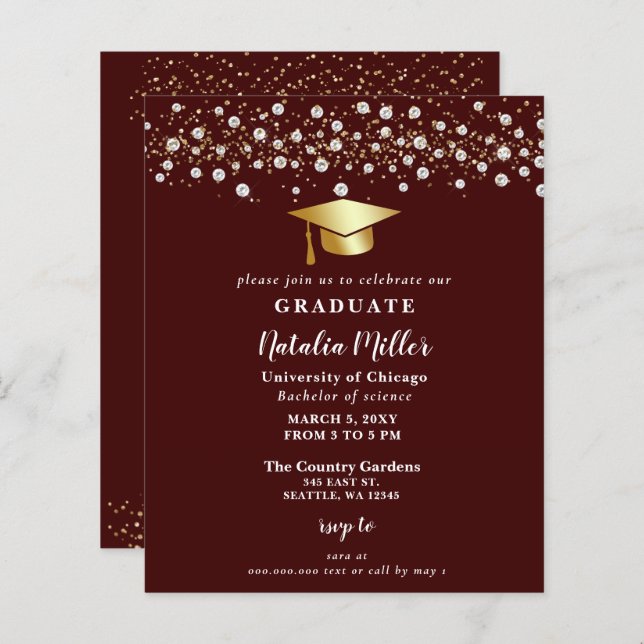 Budget Burgundy Gold Hat Graduation Invitation (Front/Back)