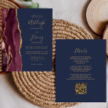Budget Burgundy Gold Navy QR Code Wedding Invite<br><div class="desc">Save the cost of printing and mailing separate RSVP cards with this elegant modern all-in-one budget wedding invitation. The left-hand edge features a burgundy watercolor agate border trimmed with gold faux glitter. The customisable text combines gold-coloured handwriting, copperplate and italic fonts on a navy blue background. The reverse side provides...</div>