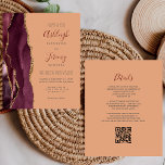 Budget Burgundy Gold Peach QR Code Wedding Invite<br><div class="desc">Save the cost of printing and mailing separate RSVP cards with this elegant modern all-in-one budget wedding invitation. The left-hand edge features a burgundy watercolor agate border trimmed with gold faux glitter. The customisable text combines burgundy handwriting script with charcoal grey copperplate and italic fonts on a peach background. The...</div>