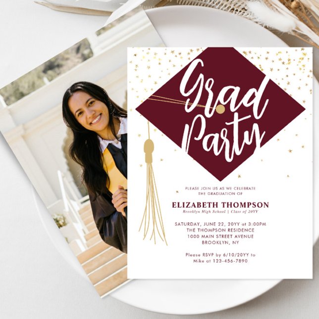 Budget Burgundy Gold Photo Graduation Party Invite (Creator Uploaded)