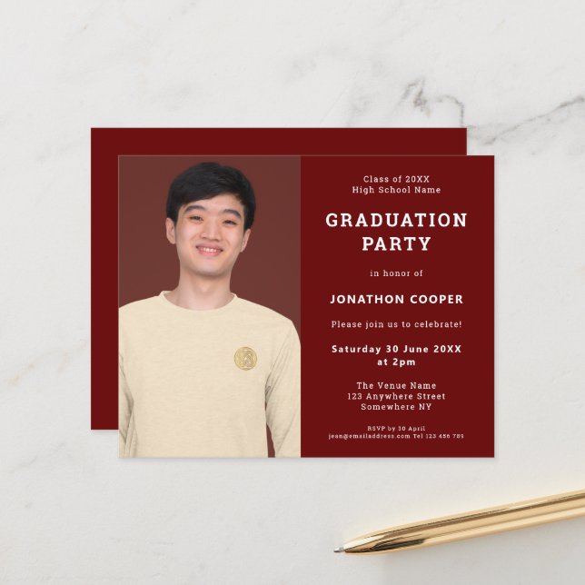 Budget Burgundy Grad Photo Graduation Invitation (Front/Back In Situ)