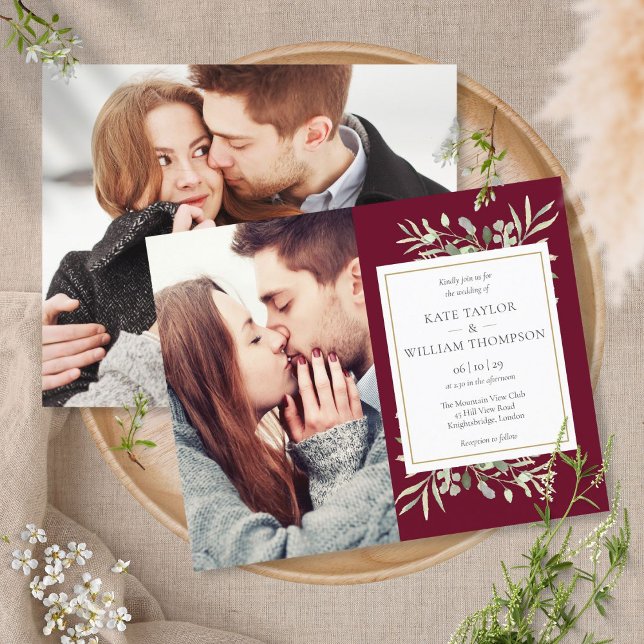 Budget Burgundy Greenery Photos Wedding Invitation (Creator Uploaded)