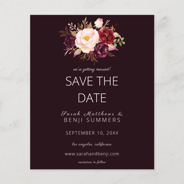 Budget Burgundy Marsa Floral Save the Date - D Red Flyer (Front)