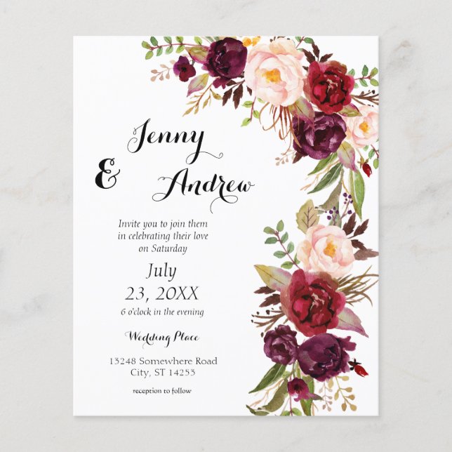 Budget Burgundy Marsala Floral 2 Wedding Flyer (Front)