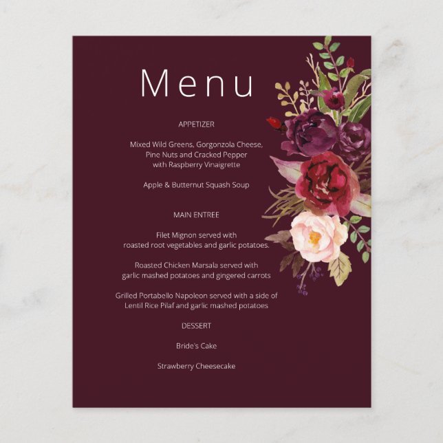 Budget Burgundy Marsala & Pink Floral Menu- Burg 1 Flyer (Front)