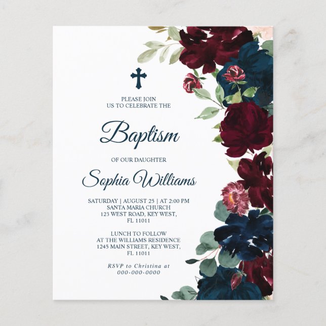 Budget Burgundy & Navy Blue Baptism Invitation (Front)
