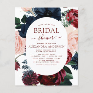 Budget Burgundy Navy Blue Floral Bridal Shower Flyer