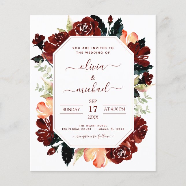 Budget Burgundy Navy Blue Floral Wedding Elegant Flyer (Front)