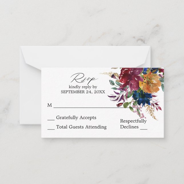 Budget Burgundy & Navy Fall Floral SM No Meal RSVP Card (Front)