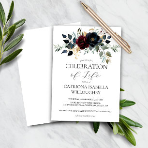 Budget Burgundy Navy Floral Memorial Invitation