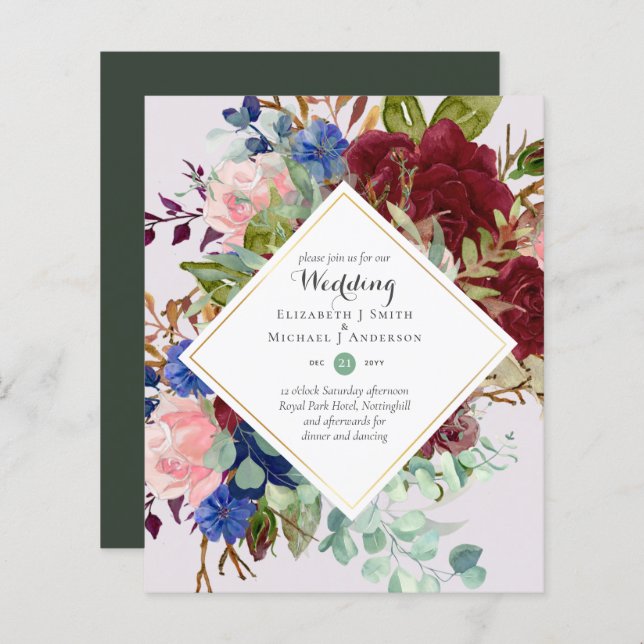 BUDGET Burgundy Navy Floral Wedding Invitations (Front/Back)