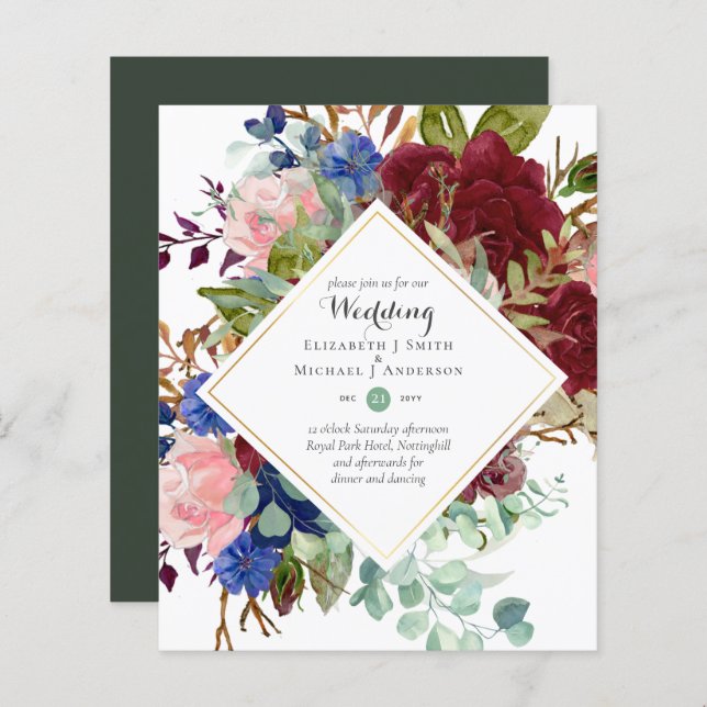 BUDGET Burgundy Navy Floral Wedding Invitations (Front/Back)
