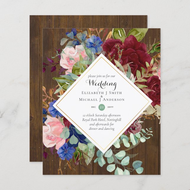 BUDGET Burgundy Navy Floral Wedding Invitations (Front/Back)