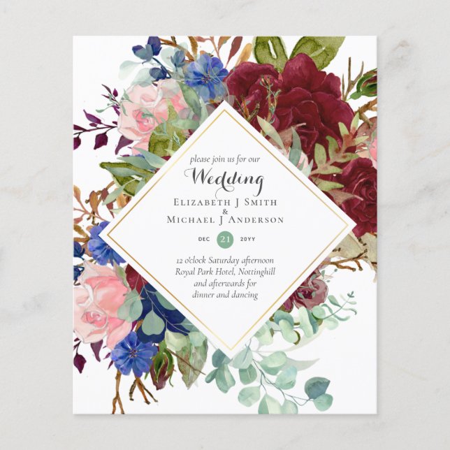 BUDGET Burgundy Navy Floral Wedding Invitations Fl Flyer (Front)